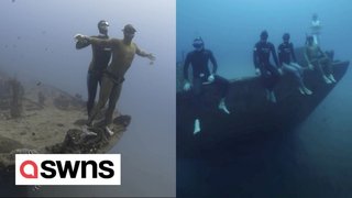 Breathtaking footage shows a freediver exploring infamous Hawaiian shipwrecks and underwater caves